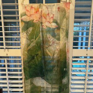 Forest Green with Pink Peony Sheer Scarf